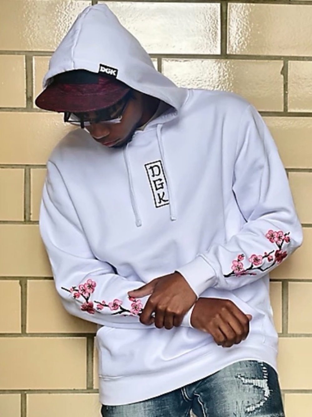 DGK White Skater Hoodie with Pink Cherry Blossom Sleeve Embroidery X417
